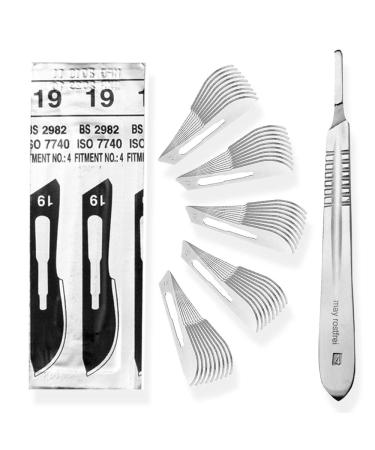 May set of craft knives consisting of 1x hobby scalpel handle made of stainless steel and 50x replacement blades figure 19 made of carbon steel