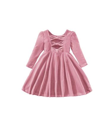 Miipat Baby Girls Velvet Dress Toddler Girl Long Sleeve Dresses Fall Winter Elegant Kids Princess Birthday Party Wedding Dress 2-3 Years Pink