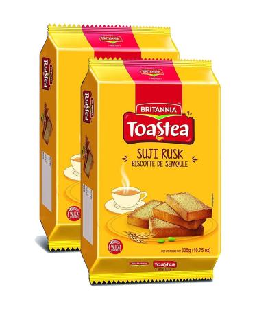 BRITANNIA Toastea Suji Rusk Crispy Tea Time Snack 10.75 oz (305g) - Biscotte De Semoule- Wheat Goodness, Light & Crispy Crunchy Toast, Halal and Suitable for Vegetarian (Pack of 2) Wheat Rusk 10.75oz (Pack of 2)