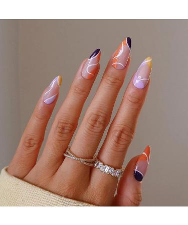 Sethexy abstract almond shape false nails French press on nails swirl fingernails 24st acrylic nails to stick on for women and girls multicolored2