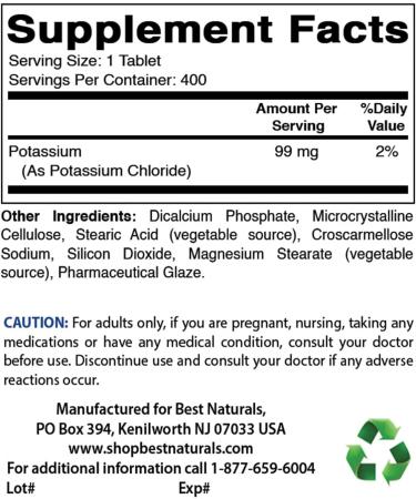 Best Naturals Potassium Chloride Supplement 99mg - 400 Tablets | 3rd Party Lab Tested - Buy Online on GoSupps.com