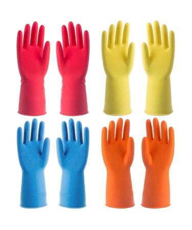 Waterproof Rubber Gloves - 4 Pairs of Reusable Cleaning Gloves for Dishwashing Kitchen Cleaning Working Painting Gardening in Blue Yellow Orange and Red colors(Large size)