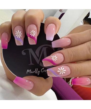 Justotry 24 pieces Coffin floral nails long gradient pink french artificial nails ballerina artificial nail press on nails pretty swirl fingernails fake nails for women flower & pink