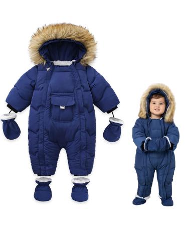 Milkiwai Newborn Baby Cute Warmer Hooded Snowsuit Quilting Process Double Zipper Unisex RompersThicken Cotton Fleece Cute Pocket Hooded Winter Coats Jumpsuit with Detachable Gloves 66 Blue