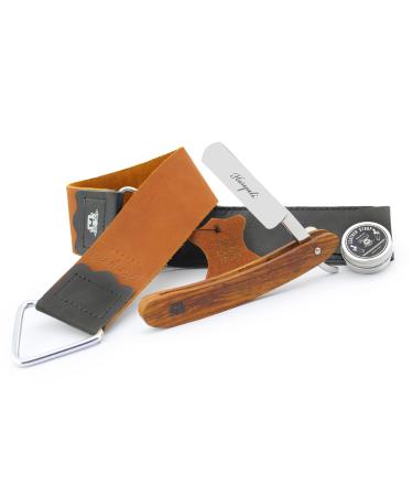 Haryali London Cut Throat Razor Kit - 3 Pcs Wooden - Straight Razor Kit - Cut Throat Razor - Razor Sharpening Strop - Honing Compound - Maroon Leather Strop - Shaving Kit for Wet Shaving