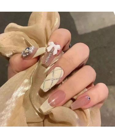 Temperament to Enhance The Nail Patch Nail wear a Brilliant Diamond Hand Patch French Bow Fake Nails Detachable (10-Piece) (Size : S) Small