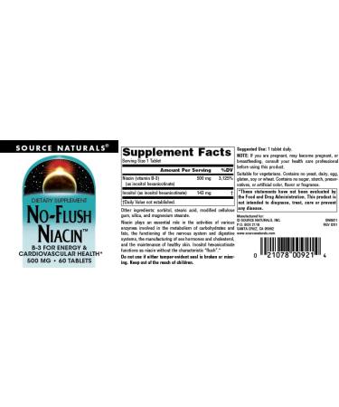 Source Naturals No-Flush Niacin B-3 500mg - 60 Tablets | Supports Cardiovascular Health - Buy Online on GoSupps.com