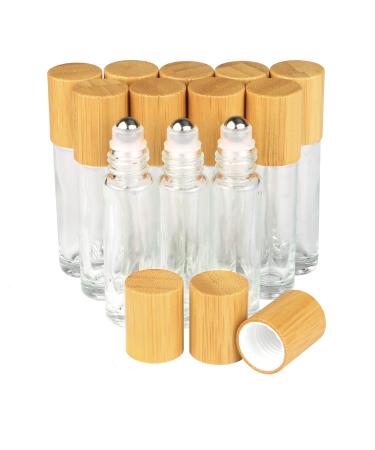 Clear Refillable Glass Empty Roll on Bottles Roller Bottle,10ml Bamboo Roll On Bottle For Essential Oils Perfume Sample Bottles With Stainless Steel Roller Ball &Bamboo Cap,12pcs
