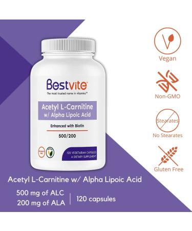 Acetyl L-Carnitine 500mg & Alpha Lipoic Acid 200mg Capsules with Biotin - Vegan, Non-GMO, Gluten Free - 120 Vegetarian Capsules - Buy Online on GoSupps.com