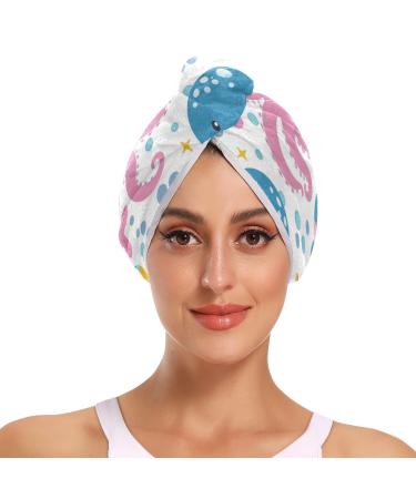 Fishes Octopus Hair Towel 2 Pack Super Absorbent Hair Drying Towel Quick Dry Hair Turbans Head Towel with Button Twisty Wrap for Women Girls