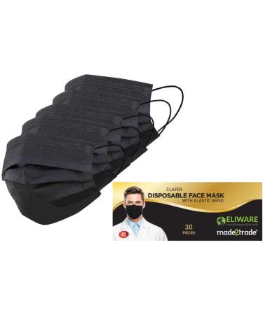 Made2Trade 30-Pack 3-Ply Disposable Masks - Black with Nose Clip - Fiberglass-Free - International Shipping Available - Buy Online on GoSupps.com