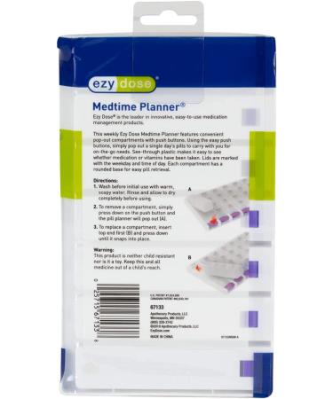 EZY DOSE Weekly 4 Times a Day Push Button Pill Organizer - Removable Daily Pillboxes - Assorted Colors - Large Size - Patented Design - Clear - Pack of 1 - Buy Online on GoSupps.com