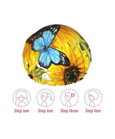 Sunflowers Blue Butterflies Shower Cap - Double Waterproof Layers, One Size Fits All Women - Ideal for Bathing, Large Design for All Hair Types - Buy Online on GoSupps.com