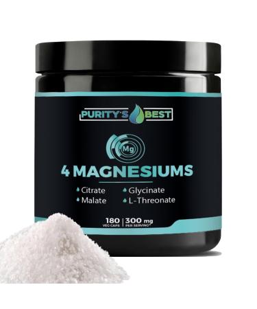 Purity's Best 4 MAGNESIUMS Premium Magnesium Glycinate Malate L-Threonate Citrate 300mg 180 Veggie Capsules Third Party Tested 3 Months Supply Muscle Energy Nerve and Cognition Support