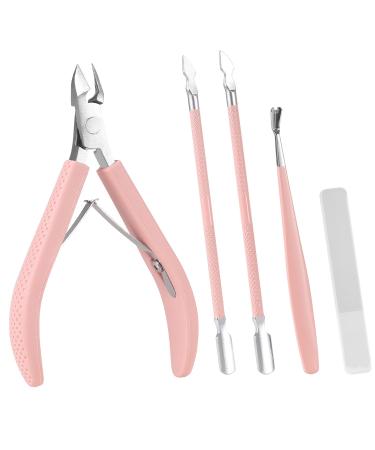 Arcjunys 4 Pcs Cuticle Trimmer with Cuticle Pusher Cuticle Remover Professional Stainless Steel Cuticle Cutter Clipper Cuticle Nippers Manicure Pedicure Tools for Fingernails and Toenails Pink