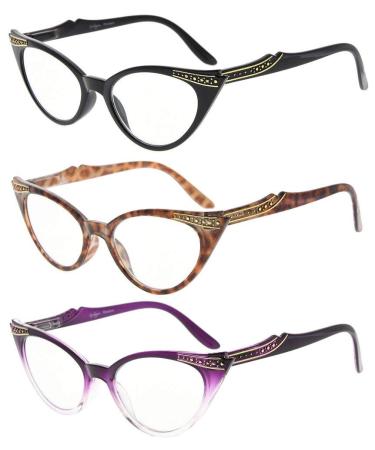 Eyekepper Women 3 Pairs Reading Glasses Ladies Vintage Cat Eye Readers (Black/Tortoise/Purple Transparent 2.00)