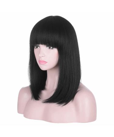 AMZCOS 15 Inch Short Straight Black Bob Wig with Bangs | Natural Heat Resistant Synthetic Hair for Women 15 Inch (Pack of 1) Black