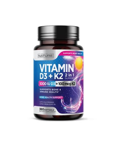 Built by Nature Vitamin D3 K2 with Cold Pressed Extra Virgin Olive Oil 5000 IU Vitamin D 100mcg Vitamin K MK-7 Supplement Easy to Swallow Mini Soft Gels - 1 Year Supply - 360 Softgels
