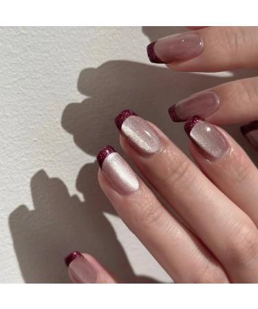 French Tip Press on Nails - Short Square Press On Nails with Nail Tips Red Edge French Nake Pink Cat Eye False Nail Sparkling pink Glossy press on nails Acrylic False Nails Cute Artificial Nails