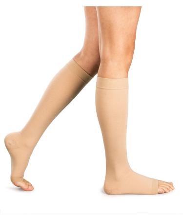 Amazon Brand - Solimo Open Toe Compression Socks for Men & Women Knee High Sheer Beige 15-20mmHg Large 1 Pair Large (Pack of 1)