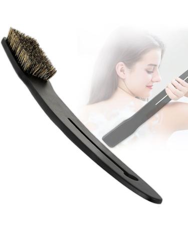 Ozzptuu Natural Bristle Long Wooden Handle Body Bath Back Brush Curved Handled Shower Exfoliating Scrubber for Wet and Dry Body Brushing (Black)
