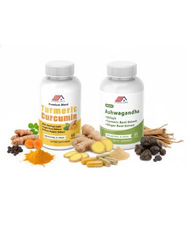 AROGLOBA Herbal Supplement Bundle Ashwagandha + Shilajit + Turmeric 4-in-1 Capsules & Curcumin + Moringa Extract Stress Relief Energy Support Joint Health & Immunity Booster Combo