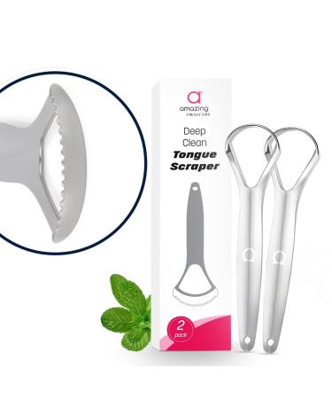 Deep Clean Tongue Scraper- Serrated Edge Design, (2pk) Stainless Steel, by Amazing Oralcare