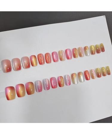 24Pcs Cat Eye Press On Nails | Short Cute Glue-On Acrylics | Full Cover Glossy Rainbow Fake Nails | Reusable Manicure Decor for Women & Girls - Buy Online on GoSupps.com