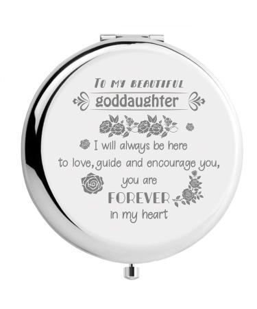 CREATCABIN Goddaughter Compact Mirror from Godmother Stainless Steel Love Encourage Personalized Mini Makeup Pocket Travel Engraved Mirrors Silver for Graduation Birthday Wedding New Year Gifts
