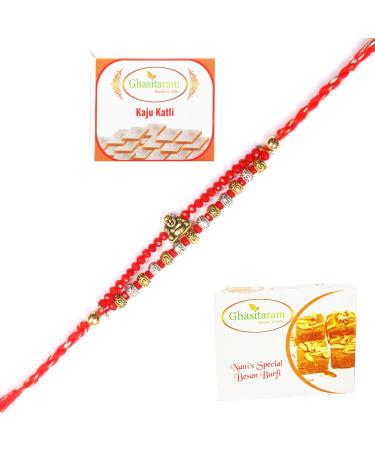 Ghasitaram Gifts Rakhi for Brother Rakhis Online - RM-668 Premium Rakhi with 200 GMS of Besan Barfi and 200 GMS of Kaju Katli Rakhi with 200 gms of Besan Barfi & Kaju Katli