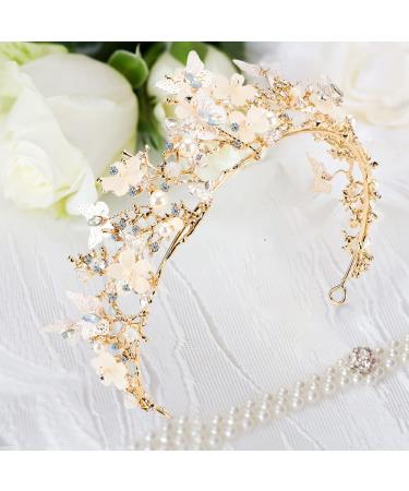 Golden Butterfly Fairy Crown Tiara with Pearl Crystal & Rhinestone - Wedding & Birthday Gift - Buy Online on GoSupps.com