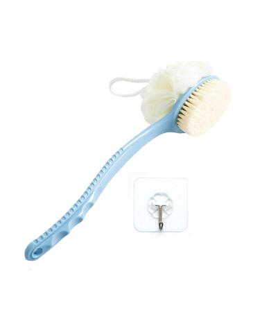 JAMSTONE Shower Body Brush 2 in 1 Bath Brush Mesh Sponge with Long Handle Dry Brushing Body Brushes for Lymphatic Drainage and Removing Dead Skin Massage Bristles Improves Skin's Health (Blue)