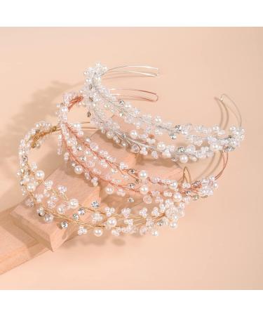 Kercisbeauty Wedding Bridal Pearl and Crystal Hair Tiaras Boho Cute Beaded Princess Crown Banquet Party Special Occasion Handmade Jewelry for Women Girls Gold - Buy Online on GoSupps.com