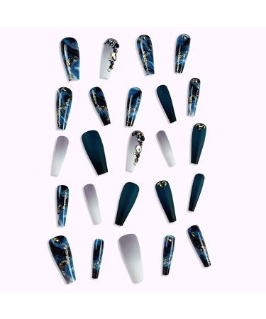 Coffin Press on Nails: Long Navy Blue Rhinestone False Nails with Glue - Full Cover Acrylic Gradient Designs for Women - Buy Online on GoSupps.com