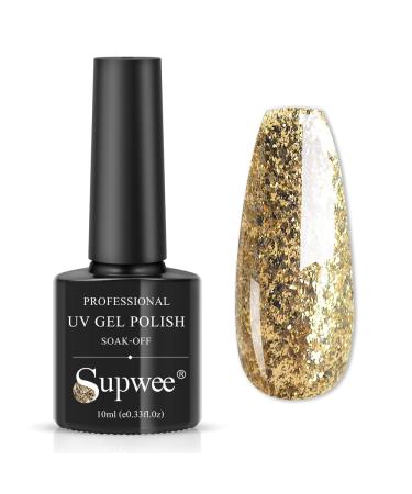 SUPWEE Gold Glitter Gel Nail Polish Sparkle Color Nail Polish Gel Diamond Gold Gel Polish Soak Off UV Gel Manicure Nail Salon Varnish Nail Art DIY At Home 10ML(0.33 Fl Oz)