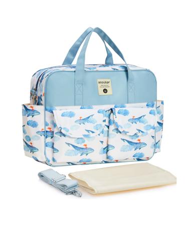 Kamay's Multifunctional Waterproof Mummy Shoulder Bag Diaper Bag Chic Nappy Changing Bag Tote/Messenger Style Large Light Weight with Changing Mat Adjustable Straps (Blue Whale)