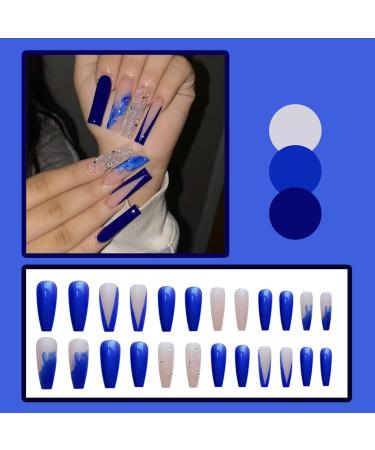 Justotry 24 Glitter False Nails - Long Dark Blue French Press On Nails | Ballerina Stick On Nails for Women - Acrylic Coffin Diamante Fake Nails Medium with Glue - Nail Art Blue & Diamond - Buy Online on GoSupps.com