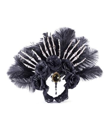 hgnxa Flower Thin Side Headband with Feather Skull Hair Hoop Fashion Women Halloween Party Hairstyle Headwear Black