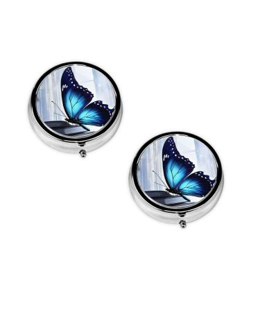Blue Butterfly Printed Mini Round Pill Box Pill Box 3 Compartment Medicine Pill Case Pill Organizer Travel Pillbox Portable Pill Box for Pocket Home Office Use
