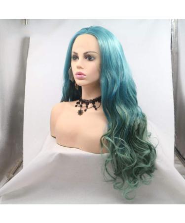 SHIYID Heat Resistant Body Wave Two Tones Synthetic Lace Front Wig - Green & Blue for Women | Middle Parting - Buy Online on GoSupps.com