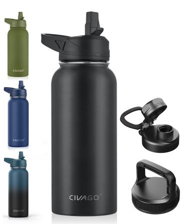 CIVAGO 32 oz Insulated Water Bottle With Straw, Stainless Steel Sports Water Cup Flask with 3 Lids (Straw, Spout and Handle Lid), Wide Mouth Travel Thermo Mug, Midnight Black Black 32 oz