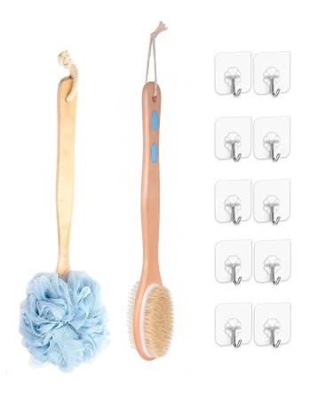 Shower Body Exfoliating Brush Double Sided Back Scrubber Long Handle Bath Sponge Shower Brush Back Cleaner Washer  Body Bath Brush with 10 Hanging Hooks for Man Woman Bathroom Shower Accessories