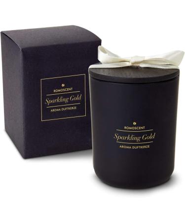 Romans Wellness Gift: Romoscent Aroma Ore Sparkling Gold Candle - Elegant Black Glass & Wooden Lid - Perfect for Indoor & Outdoor Use (6x6x8 cm) - Buy Online on GoSupps.com