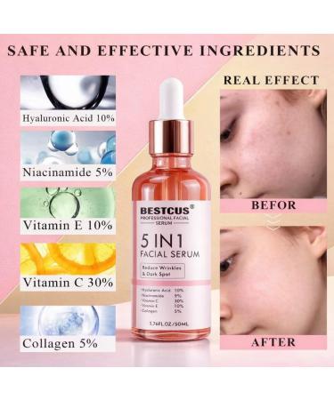 BESTCUS Professional 5-in-1 Facial Serum with Hyaluronic Acid Vitamin C 30% Niacinamide Collagen Anti-Wrinkle Dark Spot Treatment 1.76 Fl Oz - Buy Online on GoSupps.com