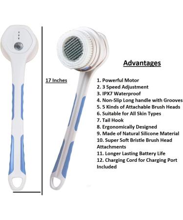 A2k Twenty Electric Massaging Bath Brush with 5 Removable Heads & USB Recharge - Waterproof Blue - Buy Online on GoSupps.com