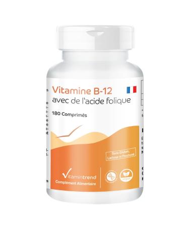 Vitamin B12 with Folic Acid 500 g Vitamin B12 & 100 g Folic Acid - Vegan -! FOR 6 MONTHS! High dosed - Box of 180 tablets