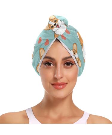 Dog Heart Teal Hair Towel 2 Pack Super Absorbent Hair Drying Towel Quick Dry Hair Turbans Head Towel with Button Twisty Wrap for Women Girls