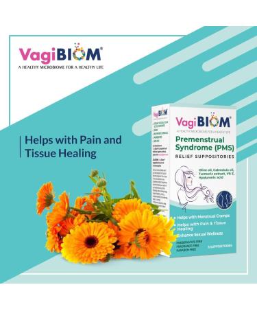 VagiBiom Menstrual Relief Suppositories (5 Count) | Calendula Oil, Cocoa Butter, Turmeric | Supports Cramp Relief, Mood Balance, Tissue Healing | USA Made, Vegan - Buy Online on GoSupps.com