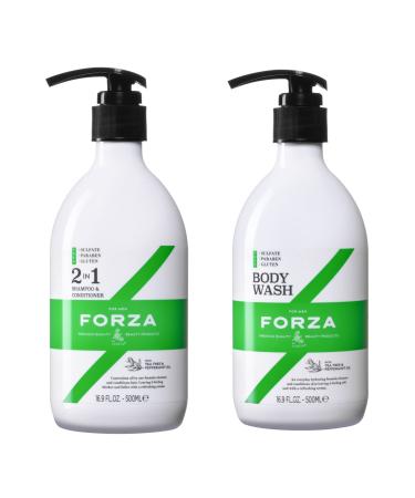 FORZA 2 in 1 Shampoo and Conditioner + Body Wash for Men,16.9Oz(Pack of 2),Influde with Tea Tree & Peppermint Oil for All Style Hair and Reducing irritation and itchy 2in1 set+body wash 33.8 Ounce