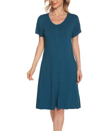 Lovasy Women's Button-Down Maternity Nightdress with Pockets | Soft Nighties for Nursing Labour in Blue Green M - Buy Online on GoSupps.com